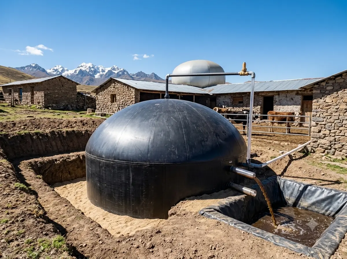 Biodigestor de cúpula instalado en zanja en una explotación ganadera de sierra, con gasómetro al fondo y descarga de biol a una poza revestida