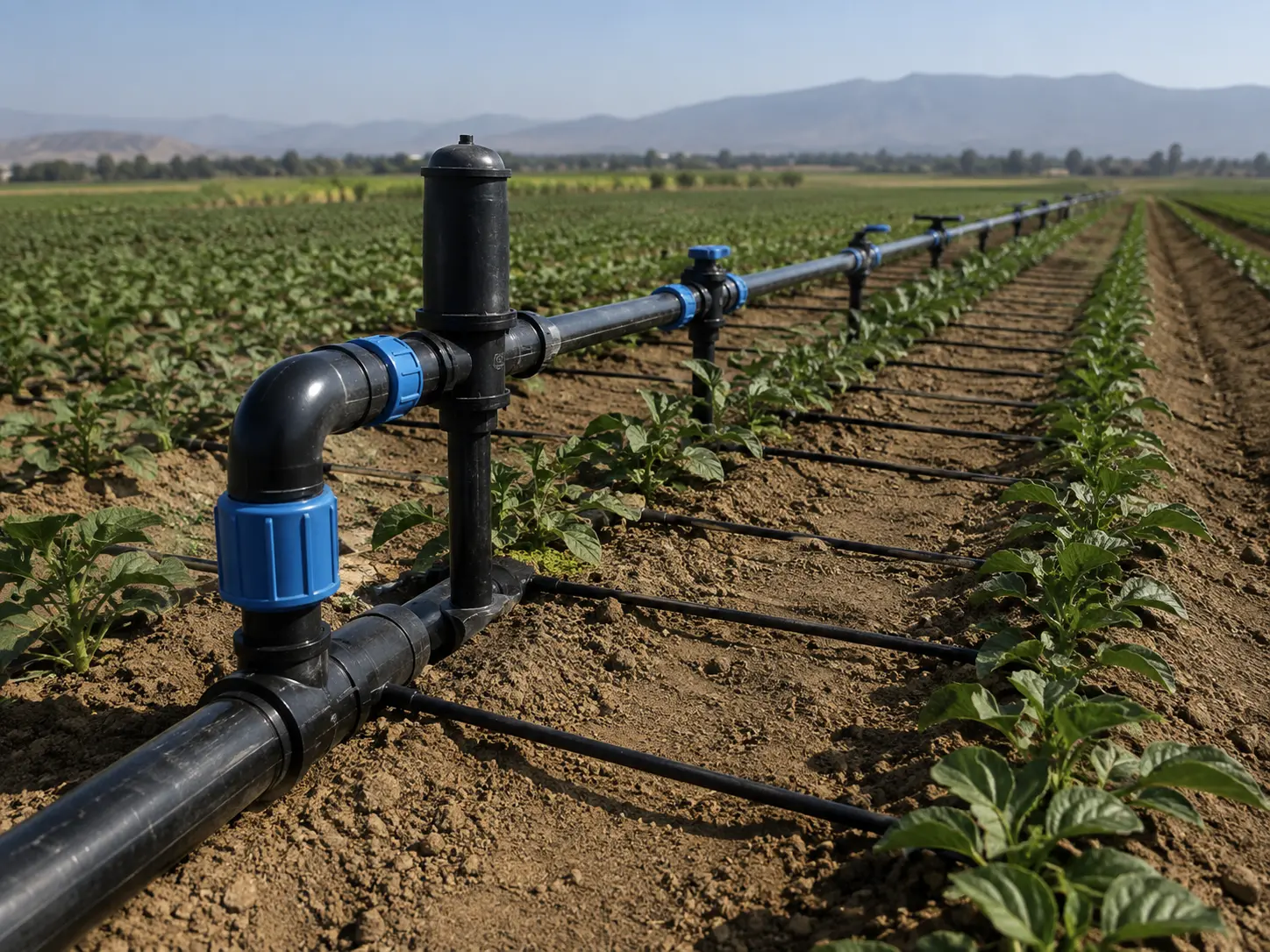 Matriz de riego con válvula de aire y accesorios de compresión, con los laterales de goteo saliendo hacia las líneas de cultivo