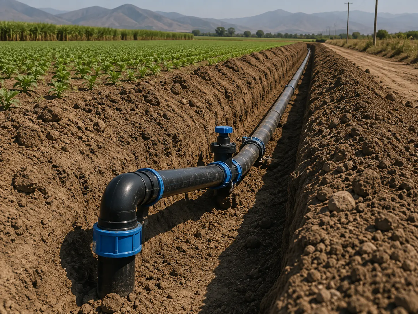 Tubería HDPE con codo y válvula tendida en una zanja abierta junto a un campo de cultivo
