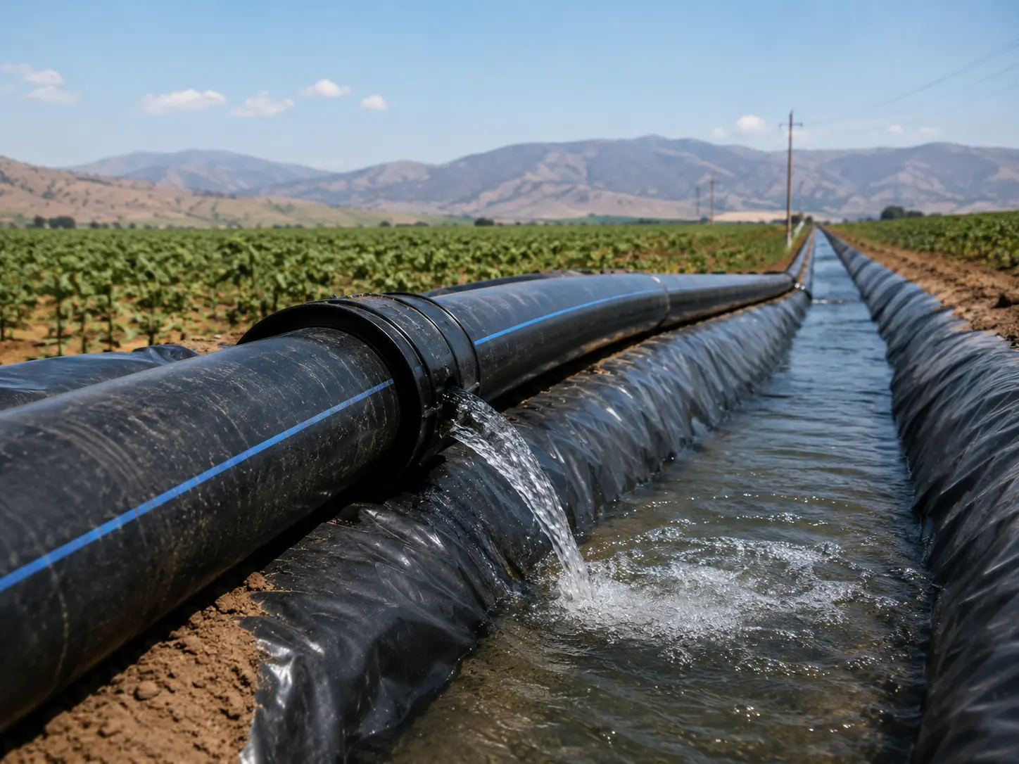 Tubería HDPE con franja azul descargando agua en un canal revestido, junto a un campo de cultivo