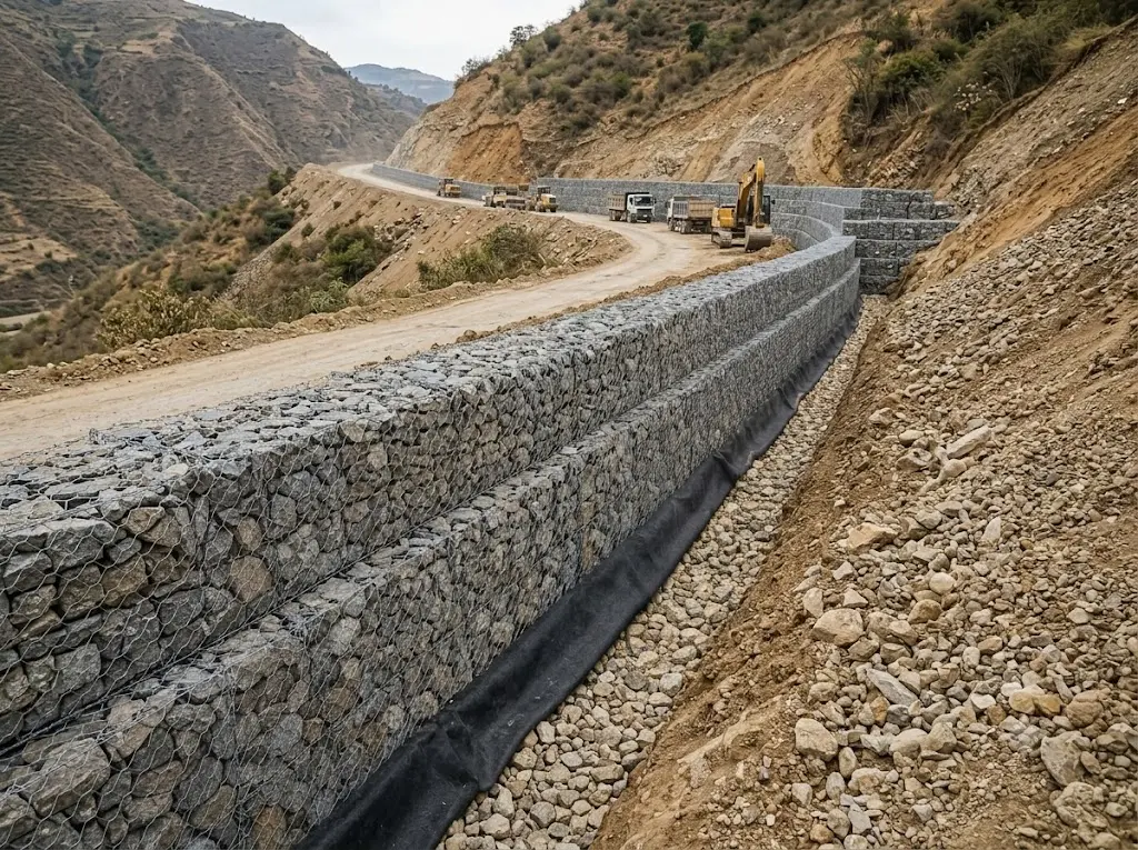 Muro de gaviones escalonado al borde de una vía en ladera, con filtro de geotextil y grava de drenaje en el trasdós