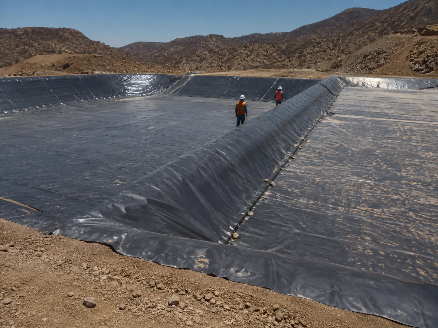 Recinto de contención completamente revestido con geomembrana HDPE, con dos operarios caminando sobre la lámina